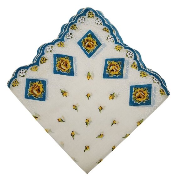 VTG Floral Yellow Rose Handkerchief Hand Rolled Scalloped Edge Womans Hankie - Picture 2 of 10